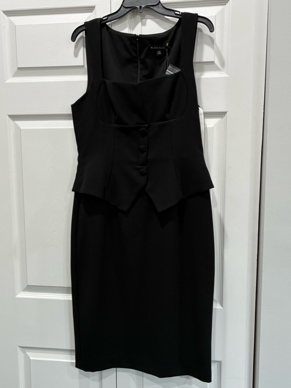 Black Halo Black Midi Sheath Dress with Tailored Bodice